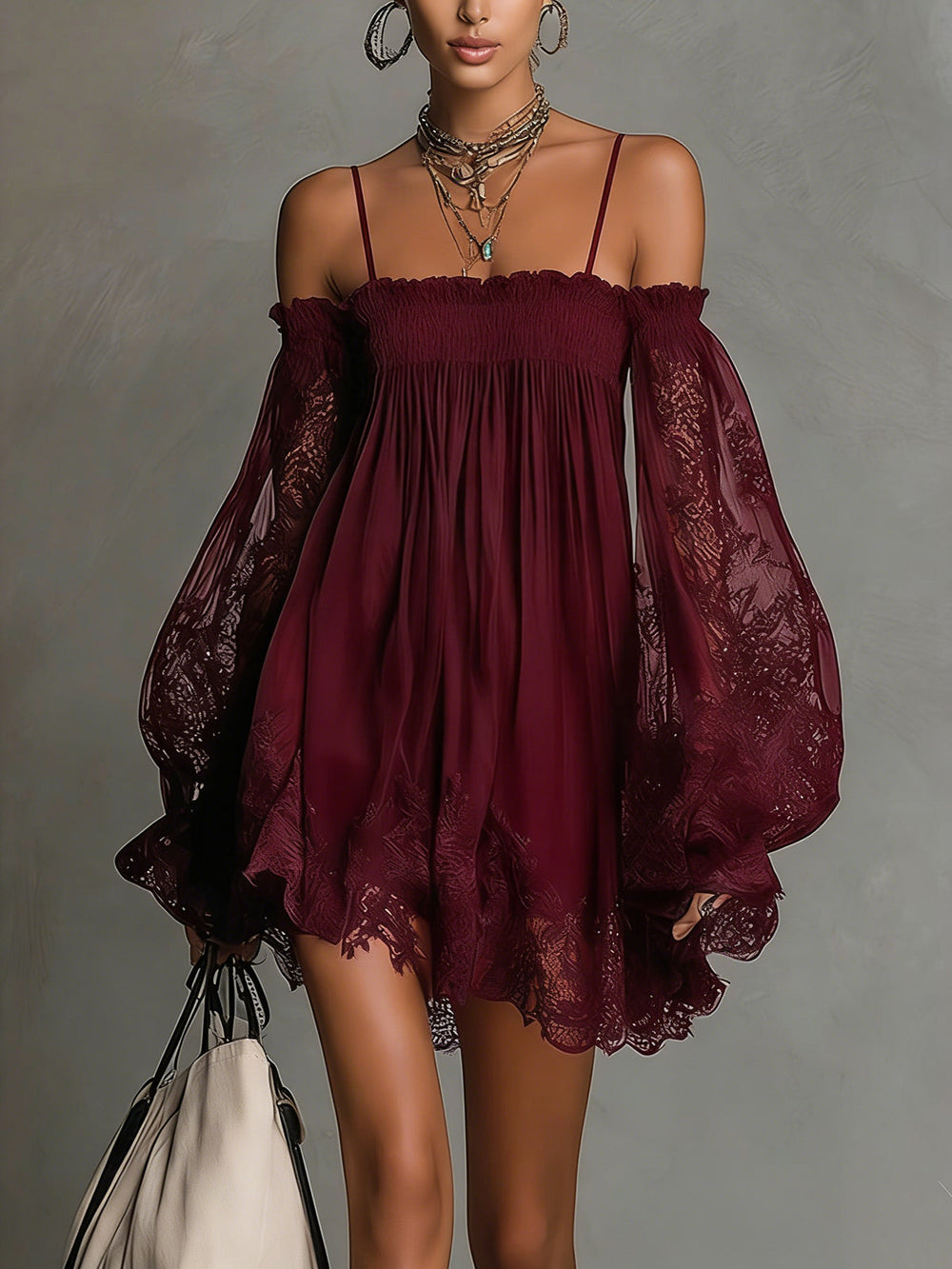 Nádia - Vestido mini com ombros à mostra e renda
