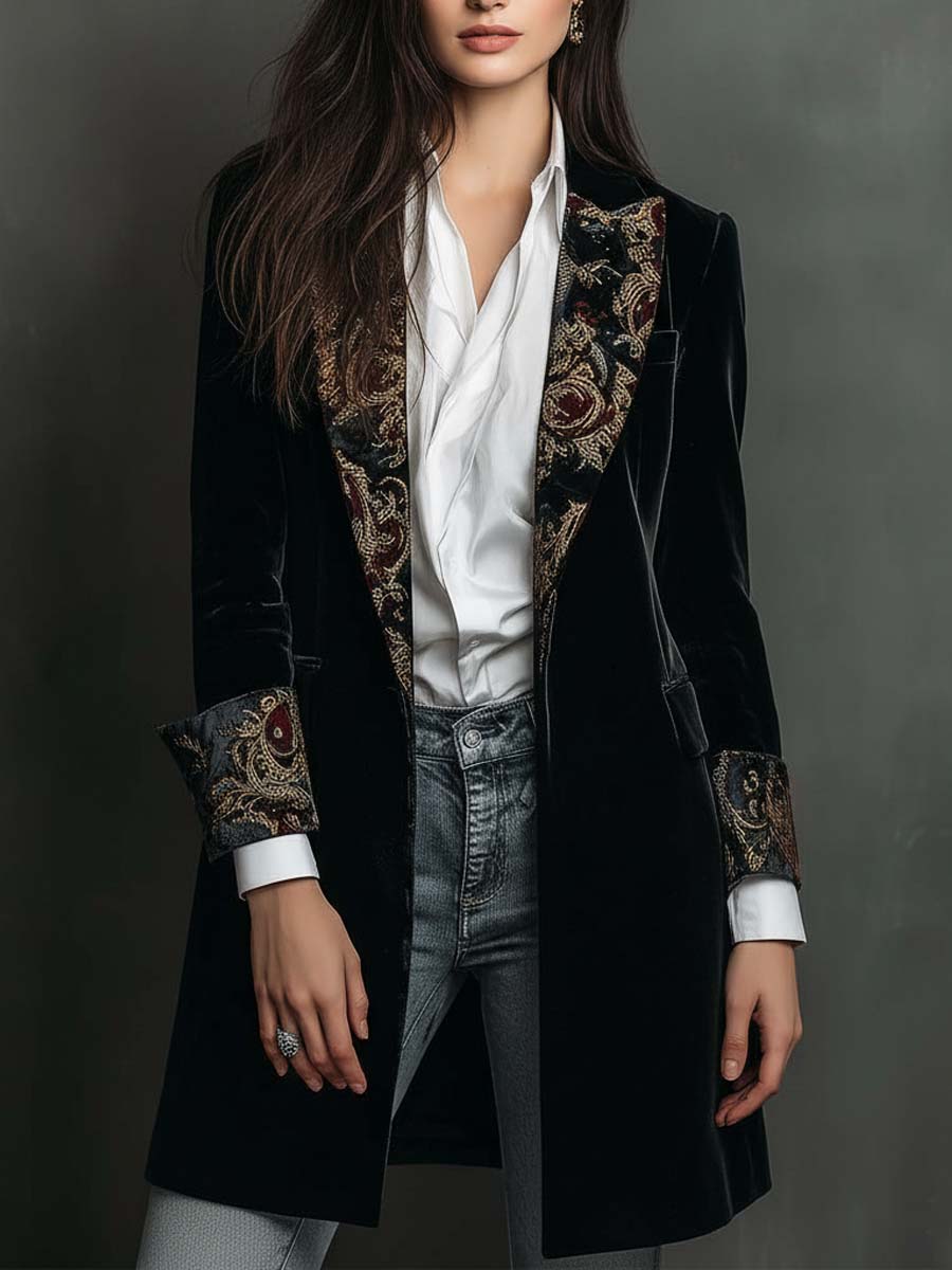 Clara | Blazer Ajustado com Estampado Barroco Preto