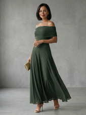 Nélia | Vestido Midi Drapeado com Ombros Descobertos