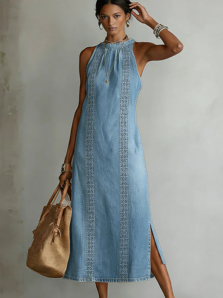 Júlia - Vestido de Ganga com Renda Retro