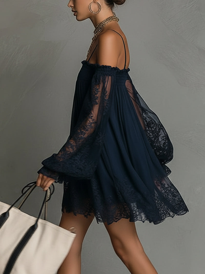 Nádia - Vestido mini com ombros à mostra e renda