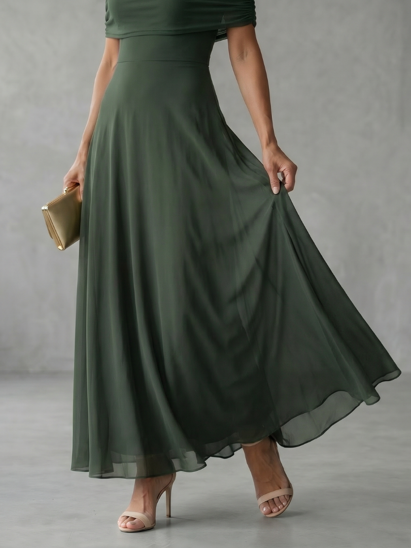 Nélia | Vestido Midi Drapeado com Ombros Descobertos