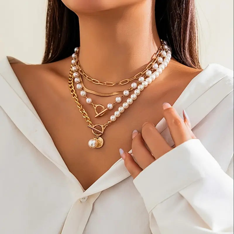 Schlangenkette Halskette mit Vintage Perlen-Set | Gold
