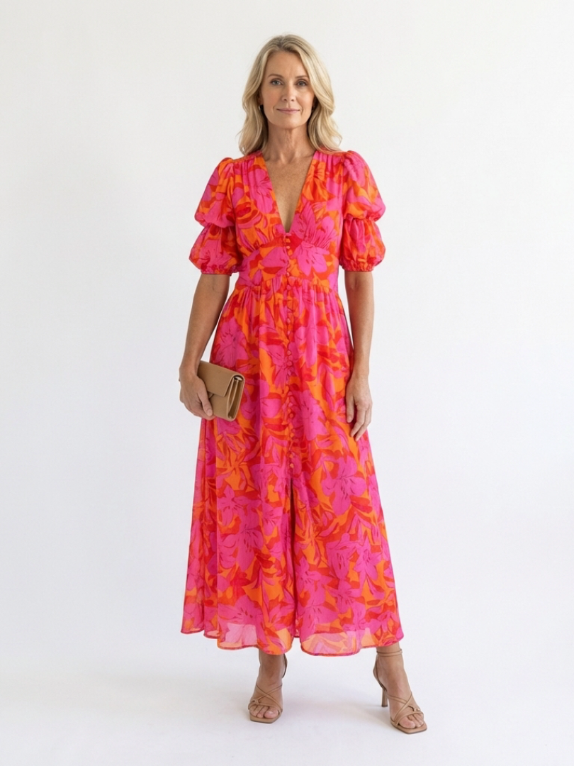 Rosélia | Vestido Midi Floral com Mangas Tufadas