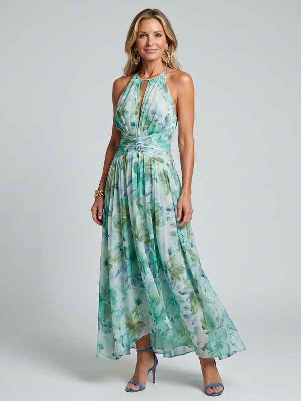 Graciete | Vestido Midi Floral Plissado com Decote Halter