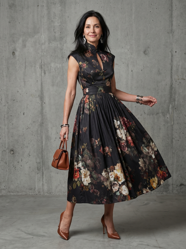 Carlota | Vestido Midi Floral de Gola Alta com Abertura