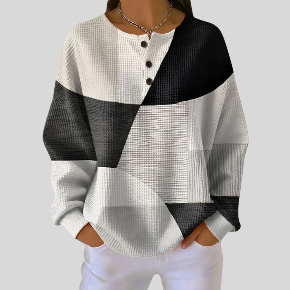 Manuela | Sweatshirt Henley Geométrica Preto e Branco