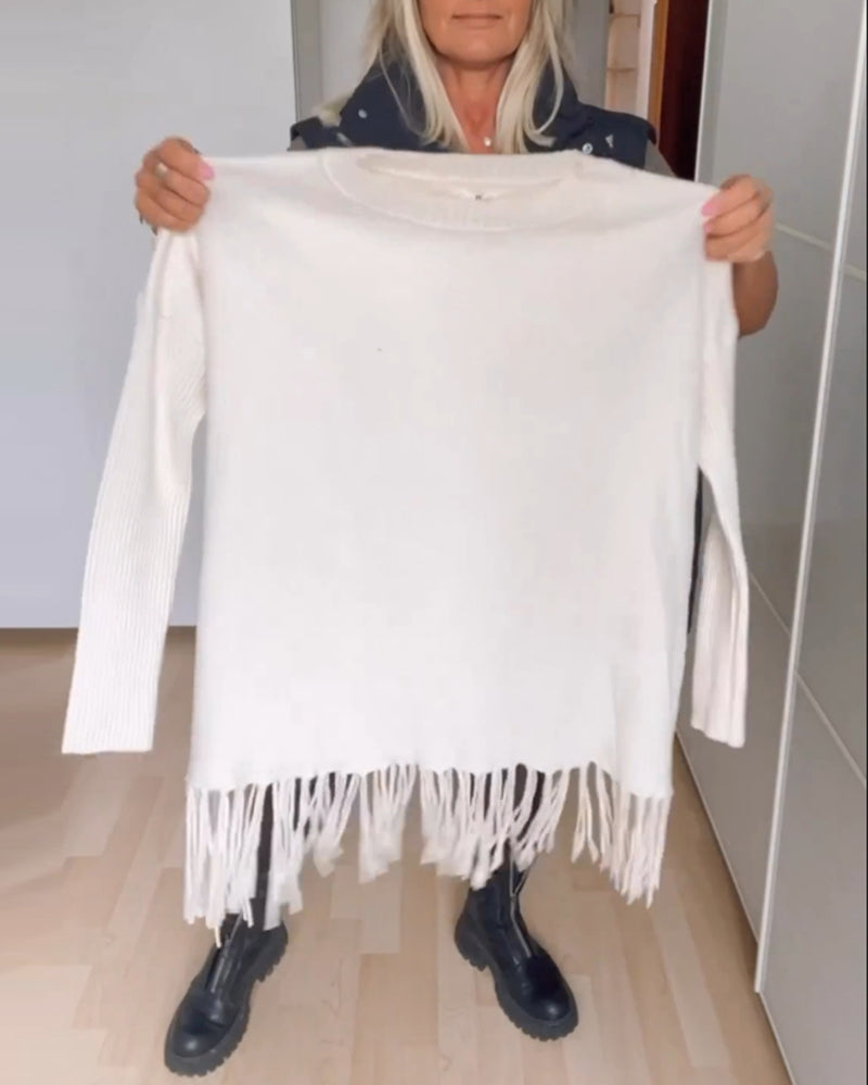 Enobarvni sproščeni pulover z resicami
