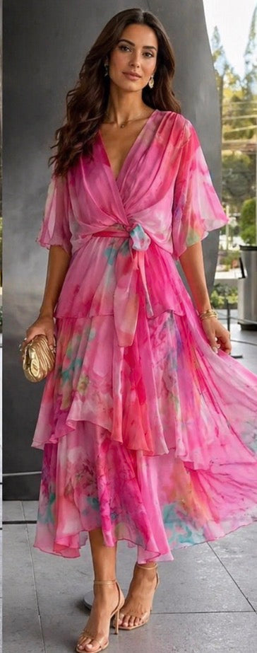Camila | Vestido Midi em Camadas Estilo Aguarela