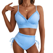 Pásikavé bikiny s vysokým pásom a nastaviteľným viazaním