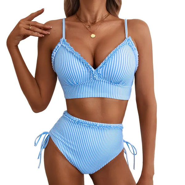 Pásikavé bikiny s vysokým pásom a nastaviteľným viazaním