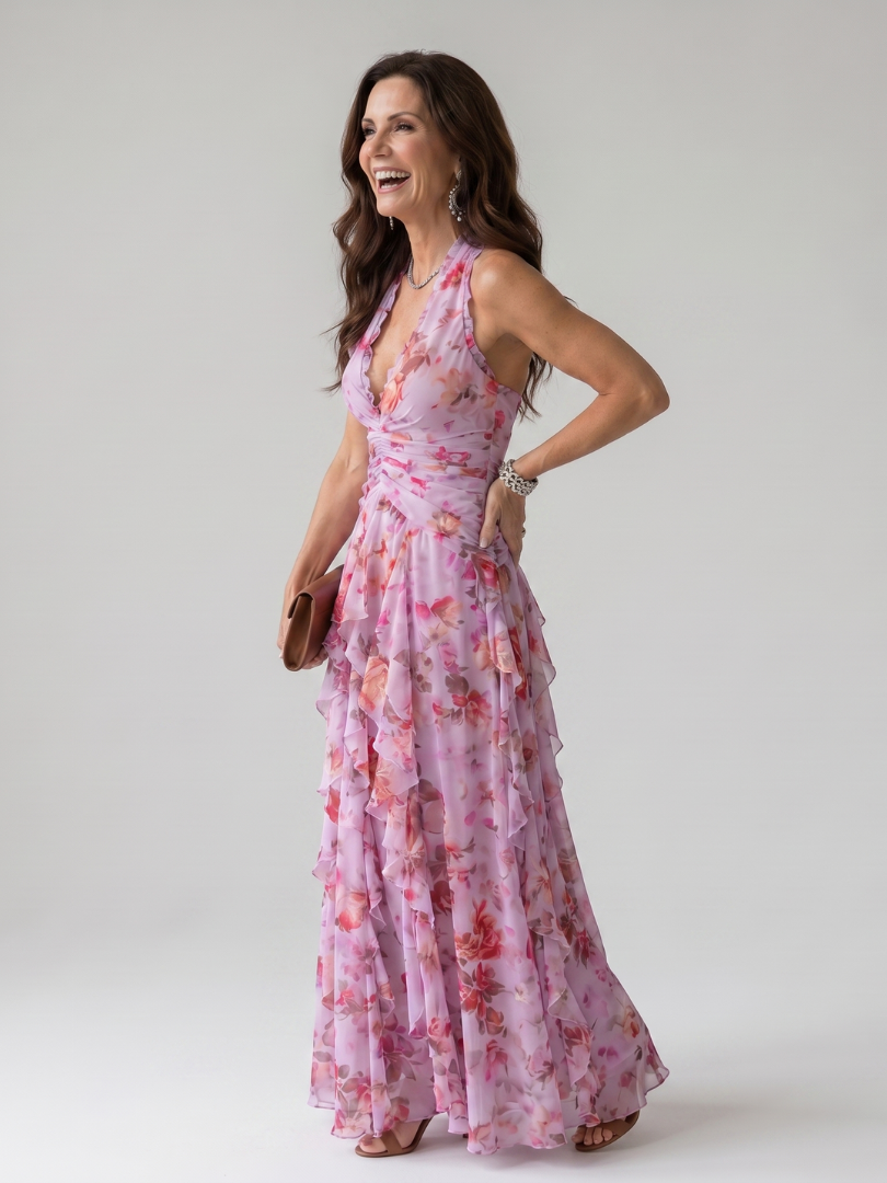 Florinda | Vestido Floral Comprido de Alças ao Pescoço
