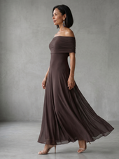 Nélia | Vestido Midi Drapeado com Ombros Descobertos