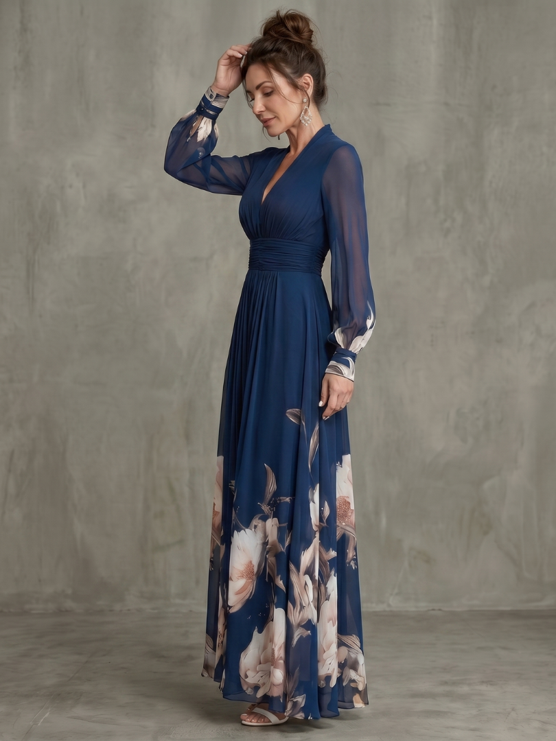 Dalila | Vestido Comprido Plissado com Barra Floral
