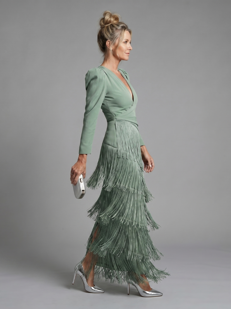 Madalena | Vestido Midi de Manga Comprida com Franjas