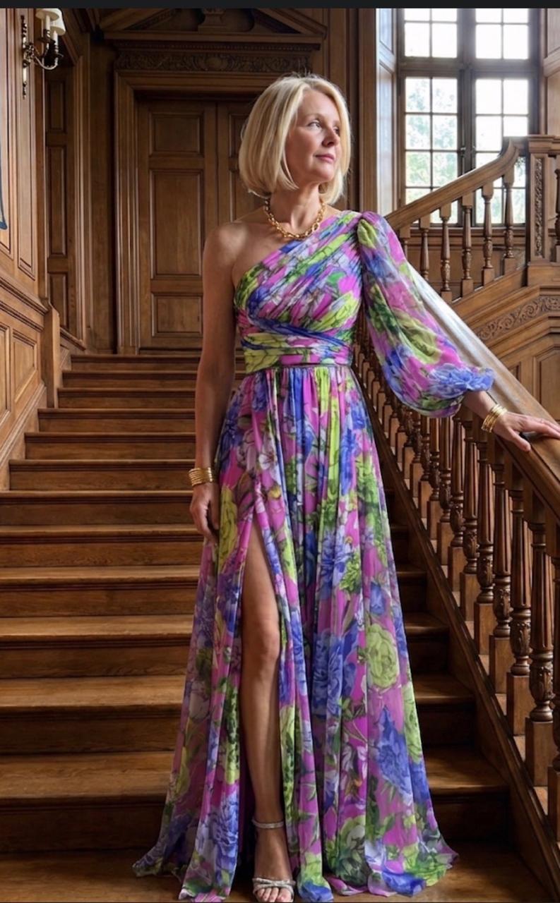 Leonilde | Vestido Comprido Floral de Um Ombro