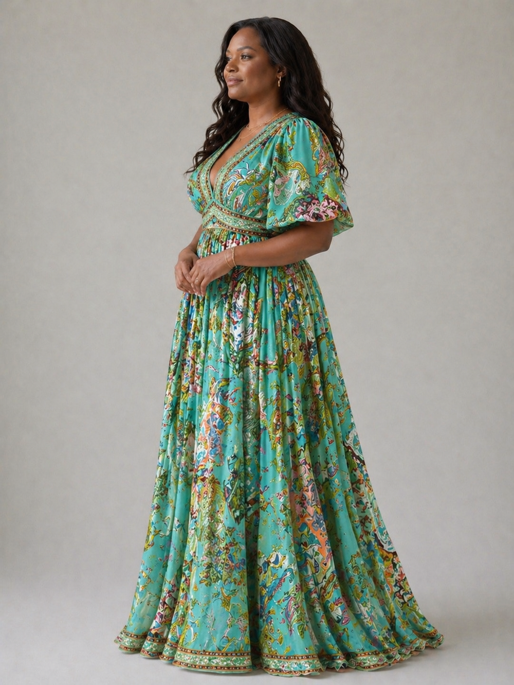 Cíntia | Vestido Comprido Fluido com Mangas Tufadas