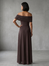 Nélia | Vestido Midi Drapeado com Ombros Descobertos
