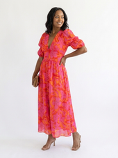 Rosélia | Vestido Midi Floral com Mangas Tufadas
