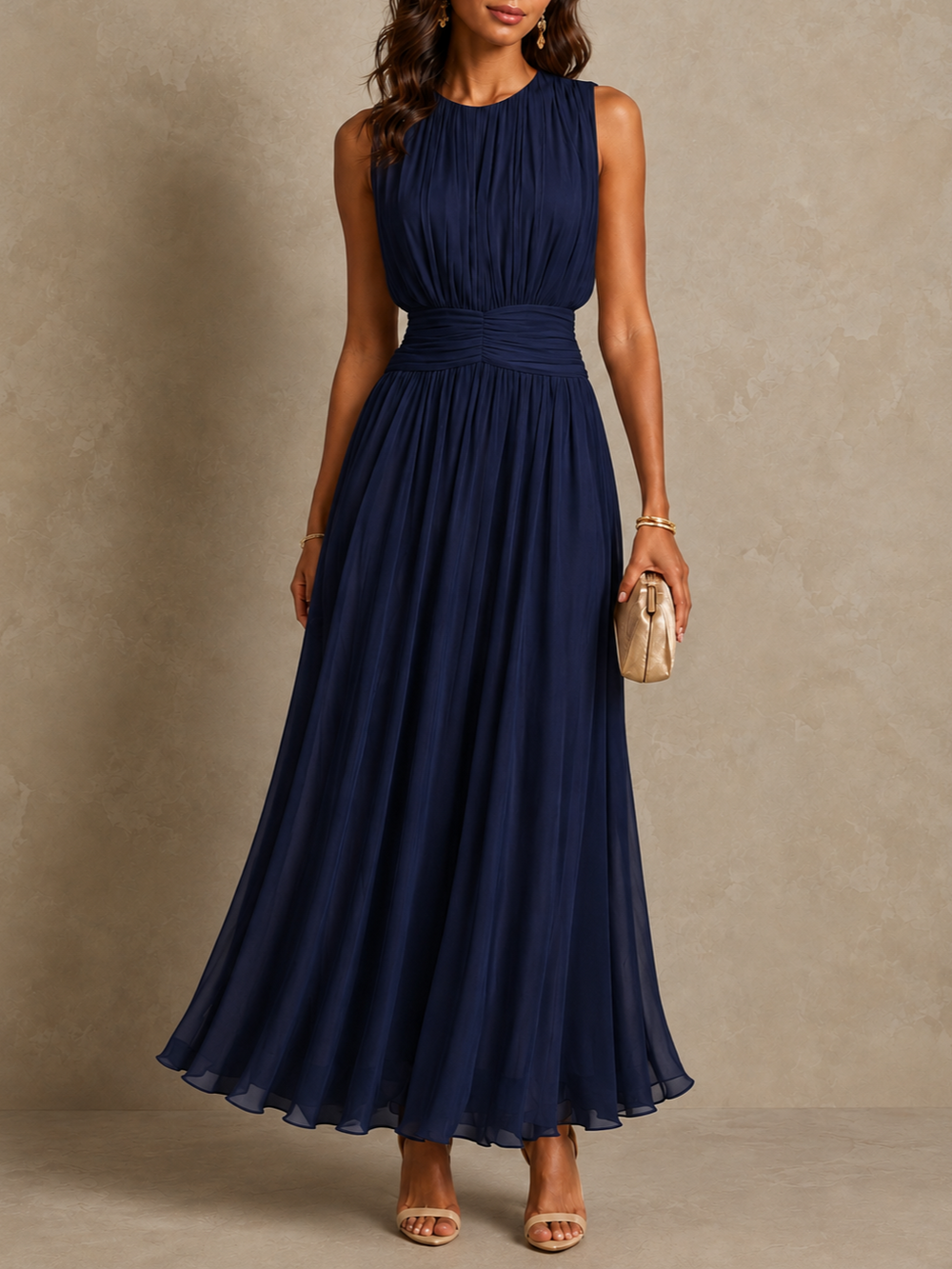 Isabel | Vestido Comprido com Cintura Franzida sem Mangas