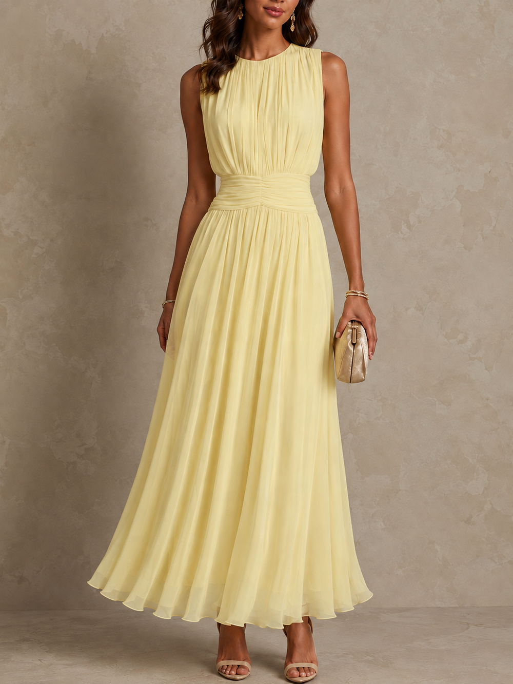 Isabel | Vestido Comprido com Cintura Franzida sem Mangas
