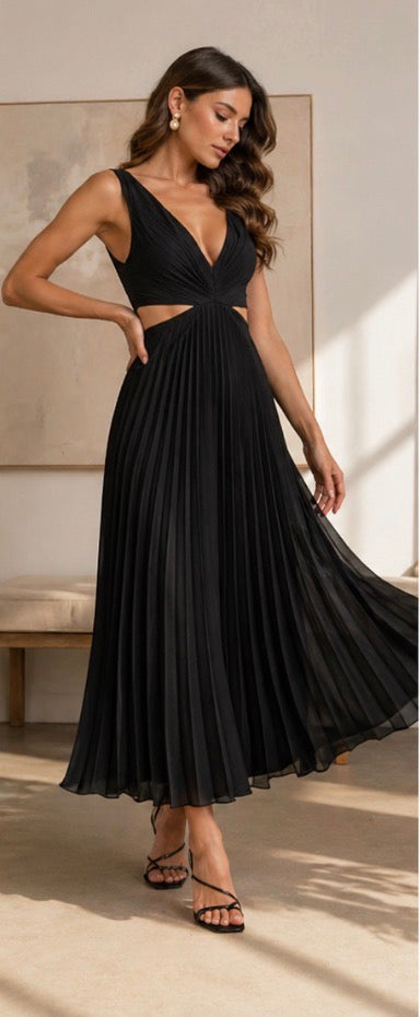 Célia | Vestido Midi Plissado com Recorte