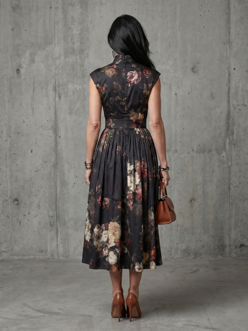 Carlota | Vestido Midi Floral de Gola Alta com Abertura