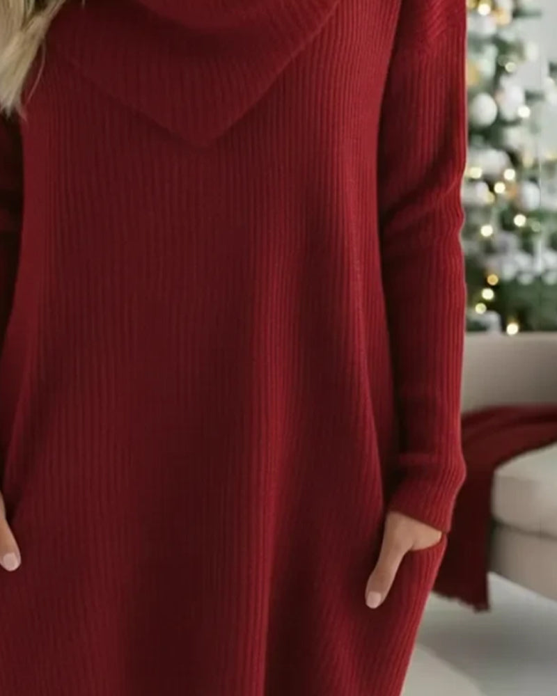 Enobarvna pletena obleka z rolo ovratnikom in žepom