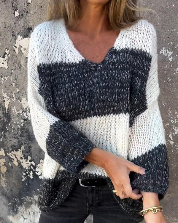 Camisola Descontraída com Decote em V e Contraste