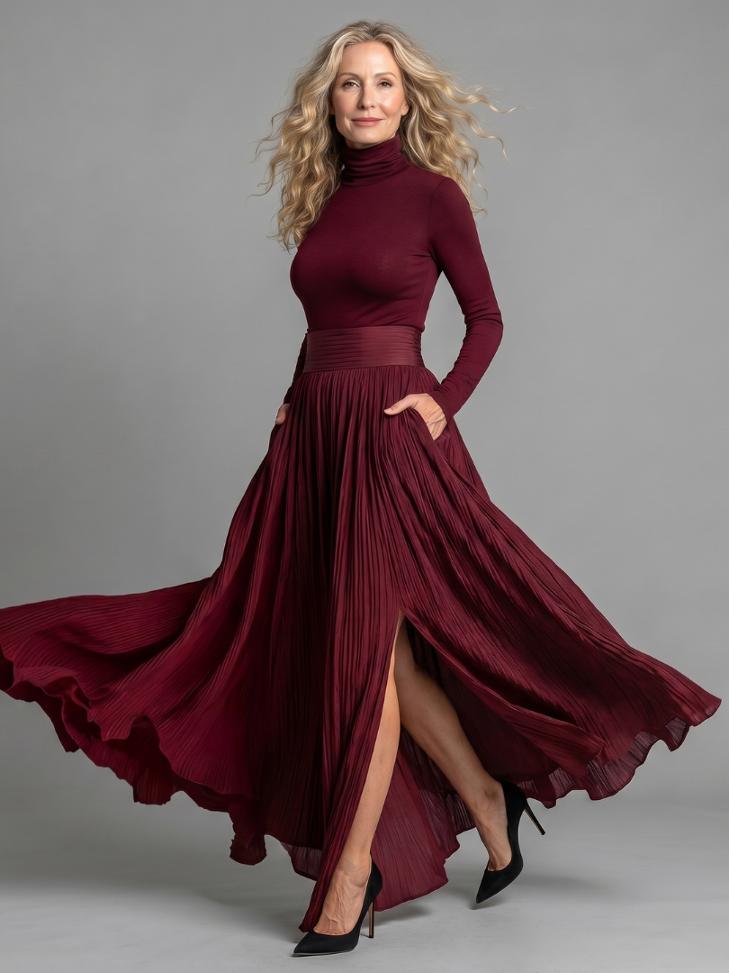 Diana | Vestido Midi de Gola Alta e Manga Comprida