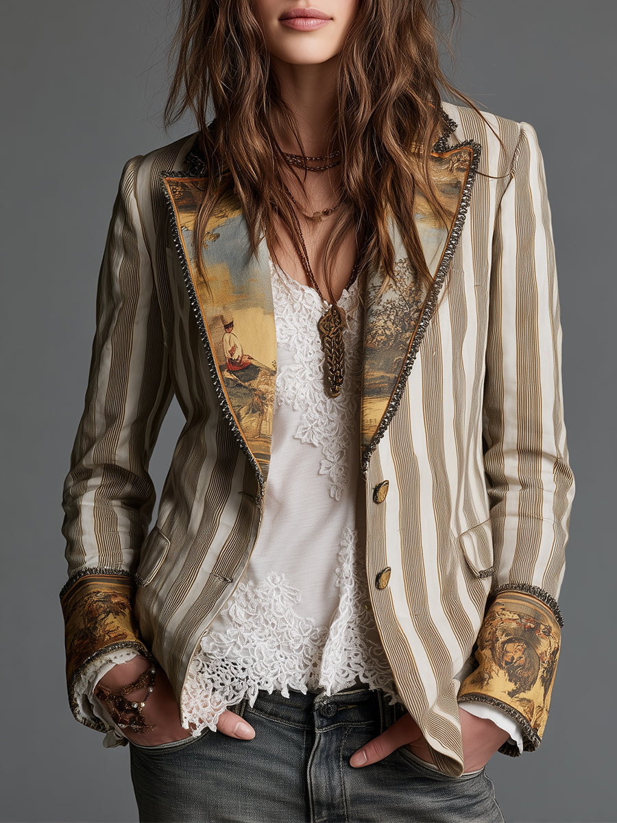Sofia | Blazer Boémia às Riscas com Gola Estampada