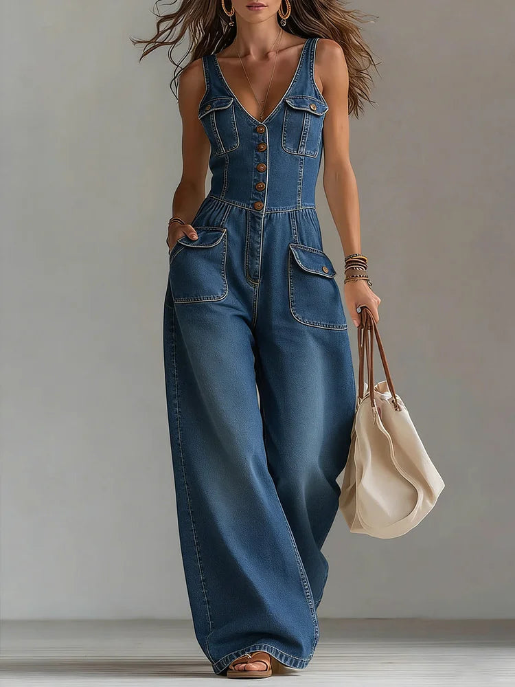 Sofia - Macacão Largo de Denim Casual