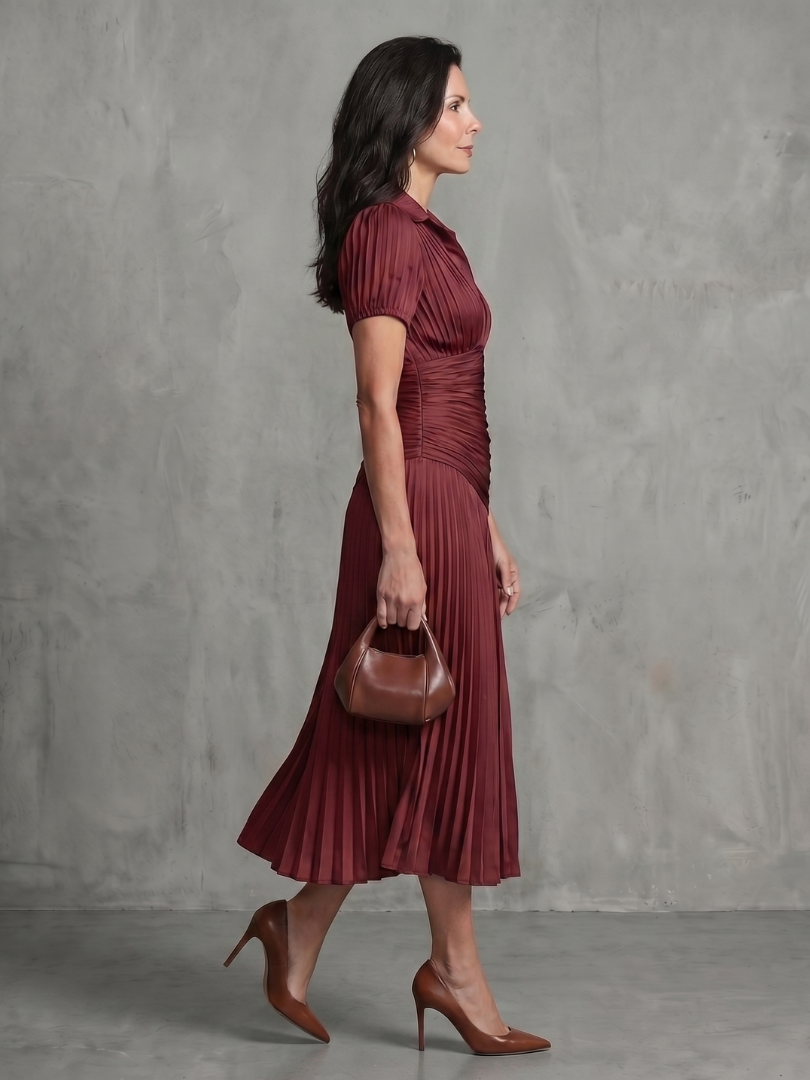 Constança | Vestido Midi Riscado com Pregas na Cintura