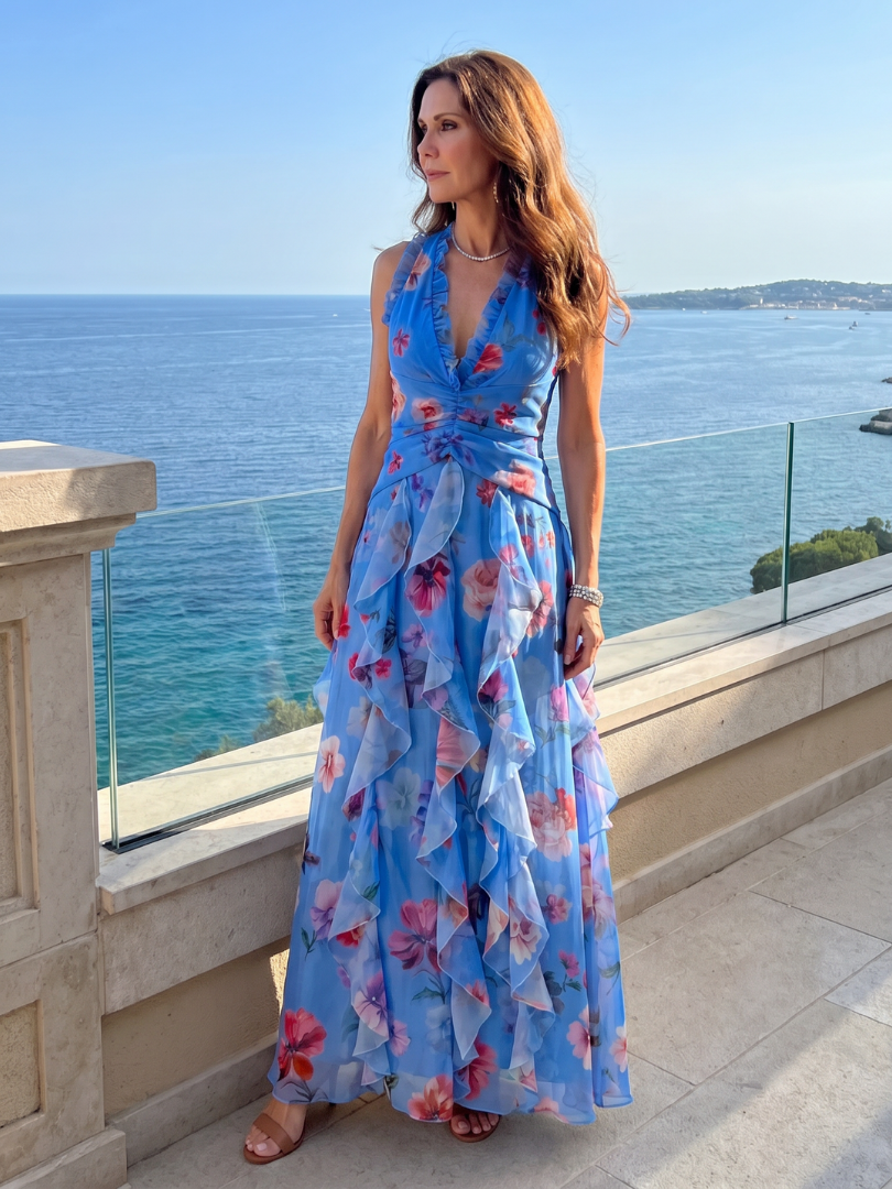 Florinda | Vestido Floral Comprido de Alças ao Pescoço