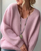 Enobarvni pulover z V-izrezom in raglan rokavi