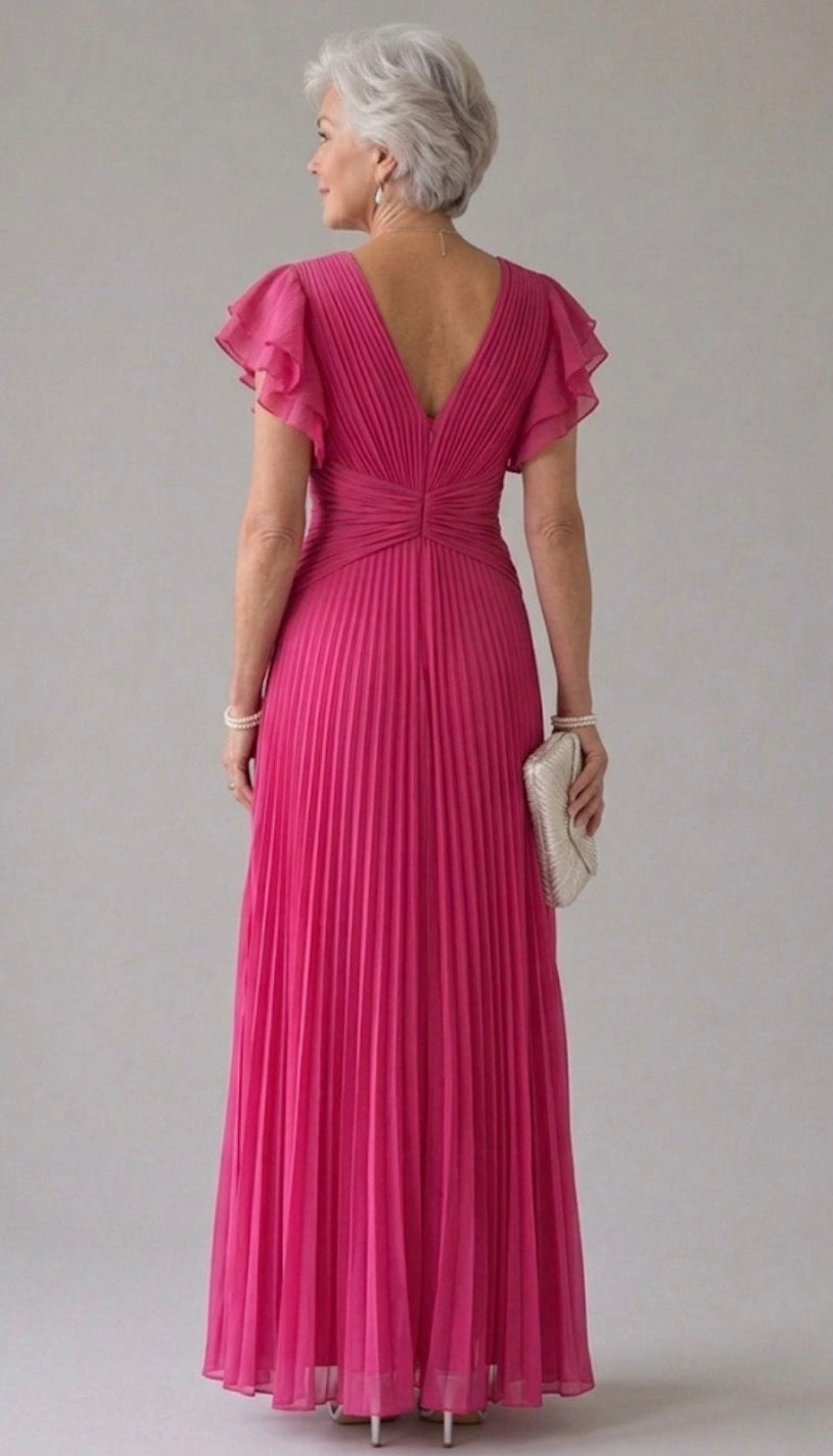 Valentina | Vestido de Gala Plissado com Mangas Esvoaçantes