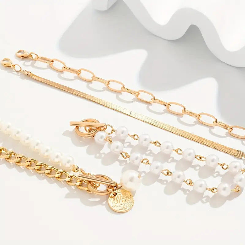 Armband-Set Chic Gold 4-teilig - Schlange, Perlen und Glieder | Gold