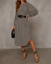 Simone | Vestido Camiseiro Midi às Riscas com Cinto