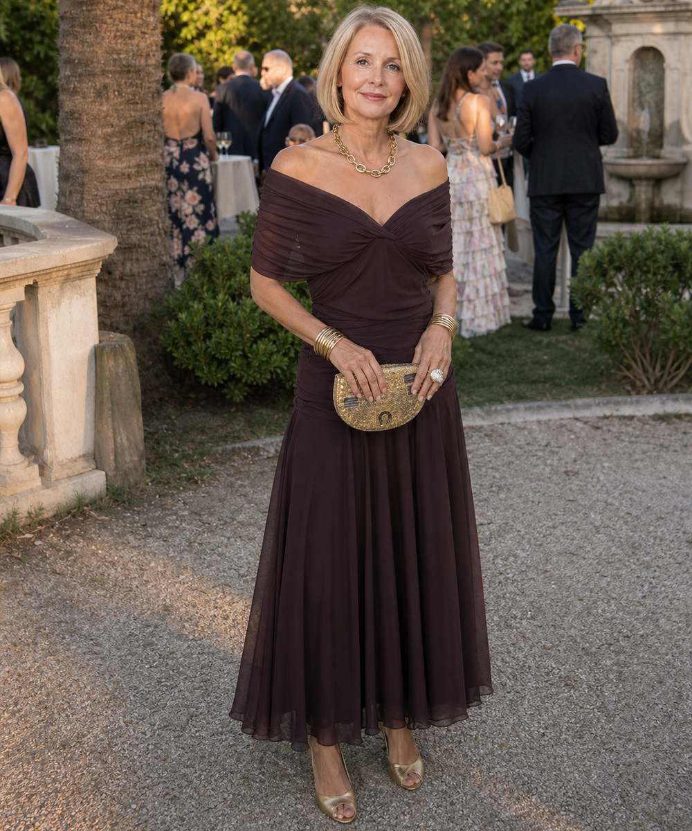 Aurora | Vestido Midi Fluido com Ombros Descobertos