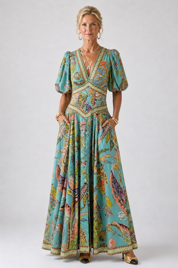 Cíntia | Vestido Comprido Fluido com Mangas Tufadas