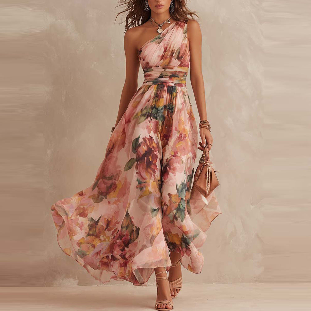 Aurora | Vestido Floral Assimétrico de Um Ombro