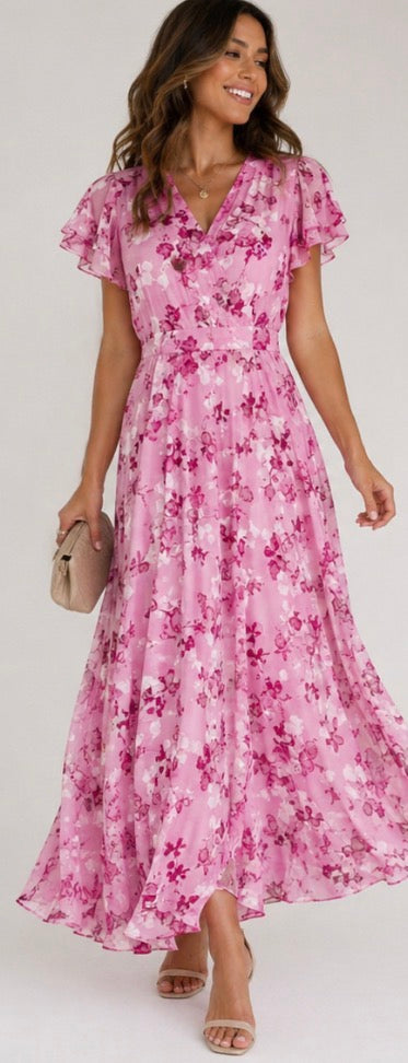 Rosana | Vestido Comprido Floral com Mangas Esvoaçantes