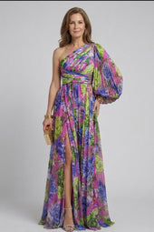 Leonilde | Vestido Comprido Floral de Um Ombro