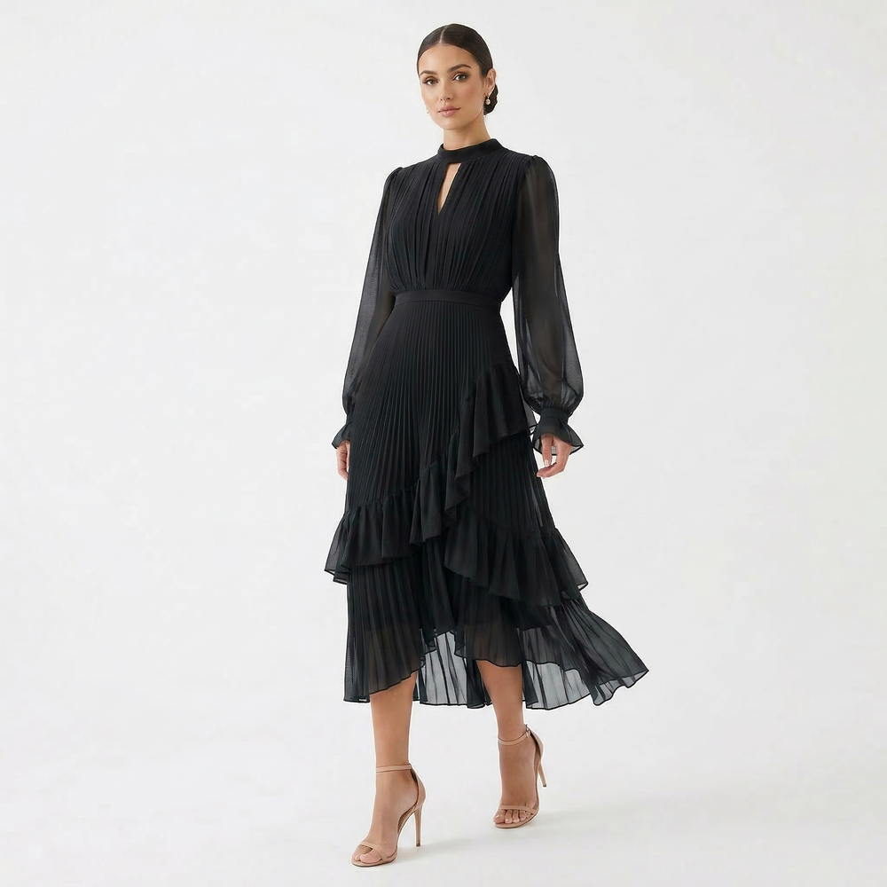 Mariana - Vestido Plissado com Mangas Fluídas e Folhos Assimétricos