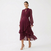 Mariana - Vestido Plissado com Mangas Fluídas e Folhos Assimétricos