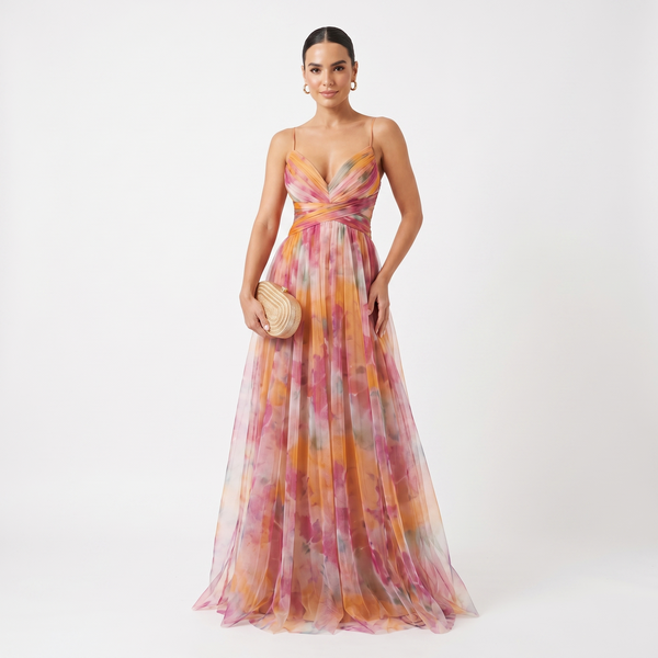 Helena – Vestido de Gala em Tule com Estampado Aguarela