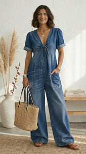 Maria Douro - Macacão de Denim com Decote em V