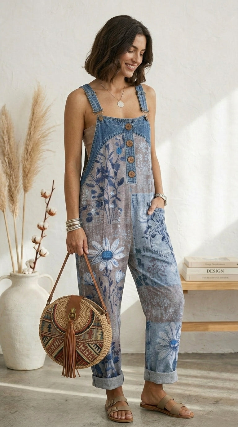 Maria Douro - Macacão Floral de Denim