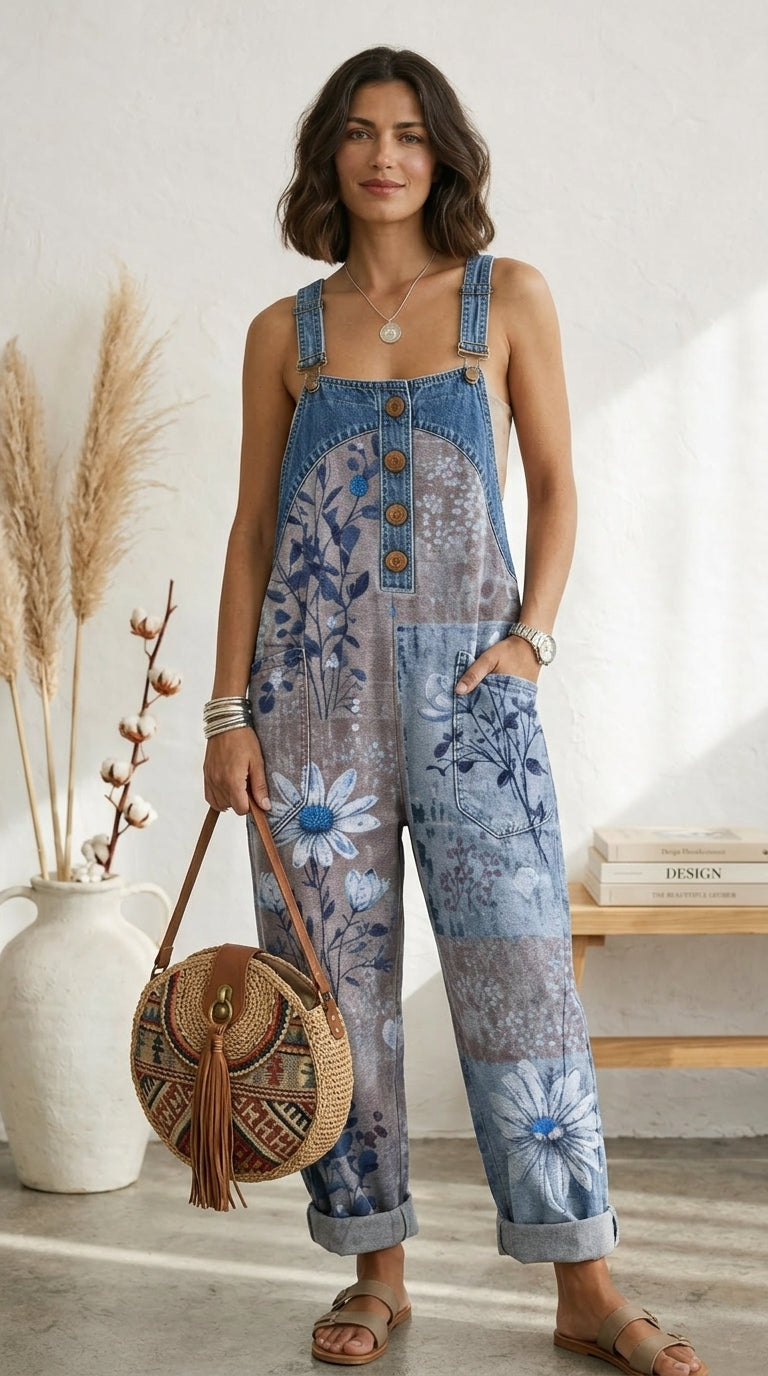 Maria Douro - Macacão Floral de Denim
