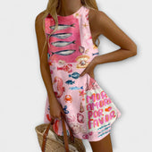 Inês - Vestido Mini Rosa Estampa Miraba